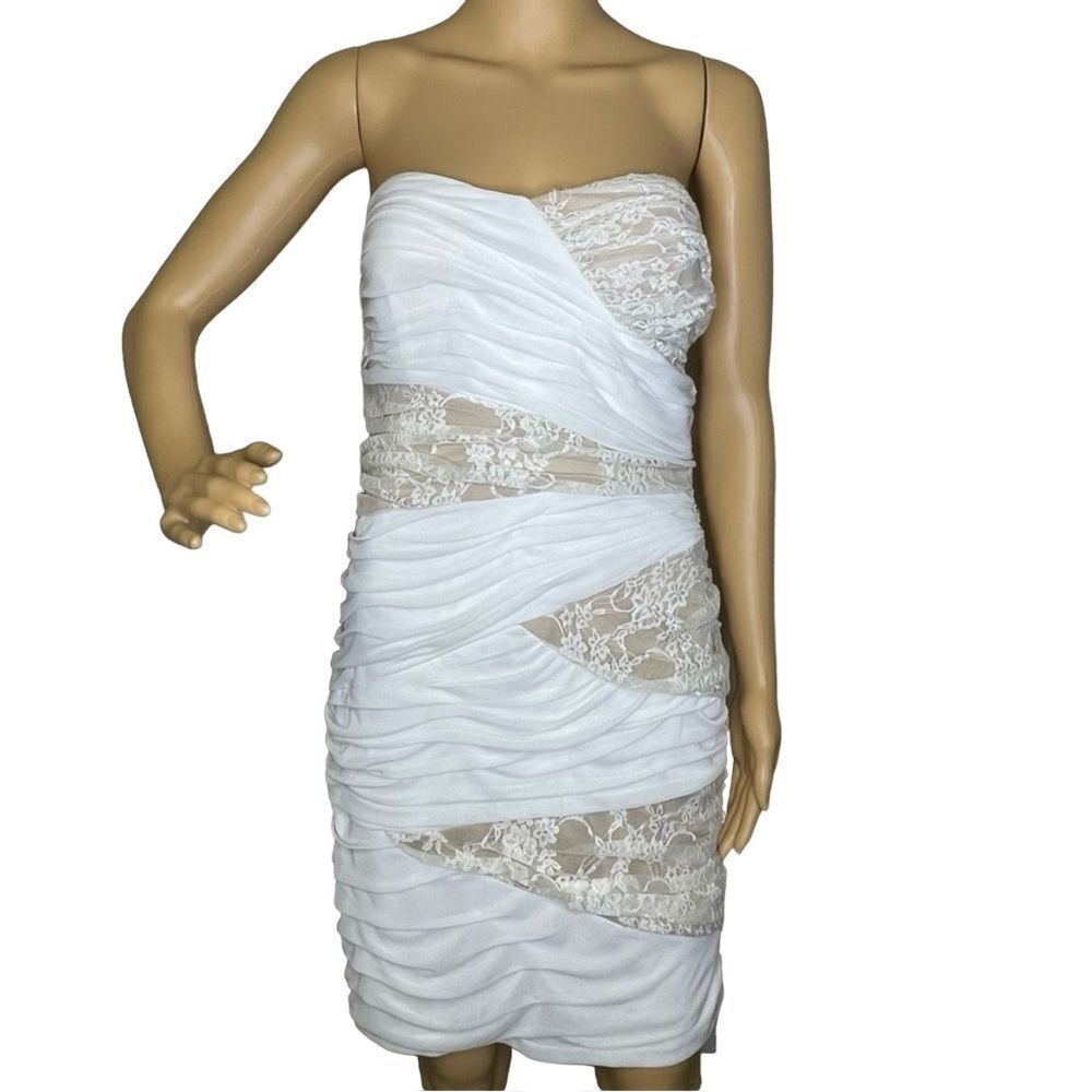 City Triangles Bodycon Lace Strapless Ruffled Dress Gold White size XL